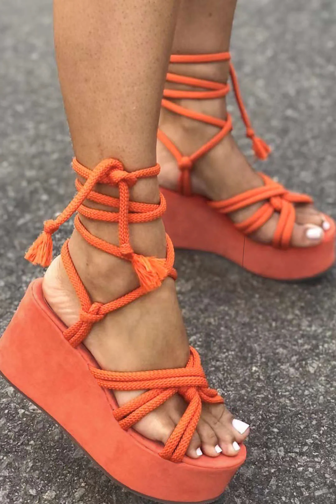 Tie-Up Open Toe Platform Flats Sandals - Image 3