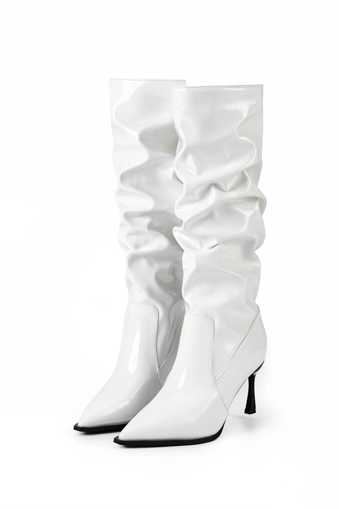 Faux Leather Ruched Pointed Toe Knee High Boots - Image 9
