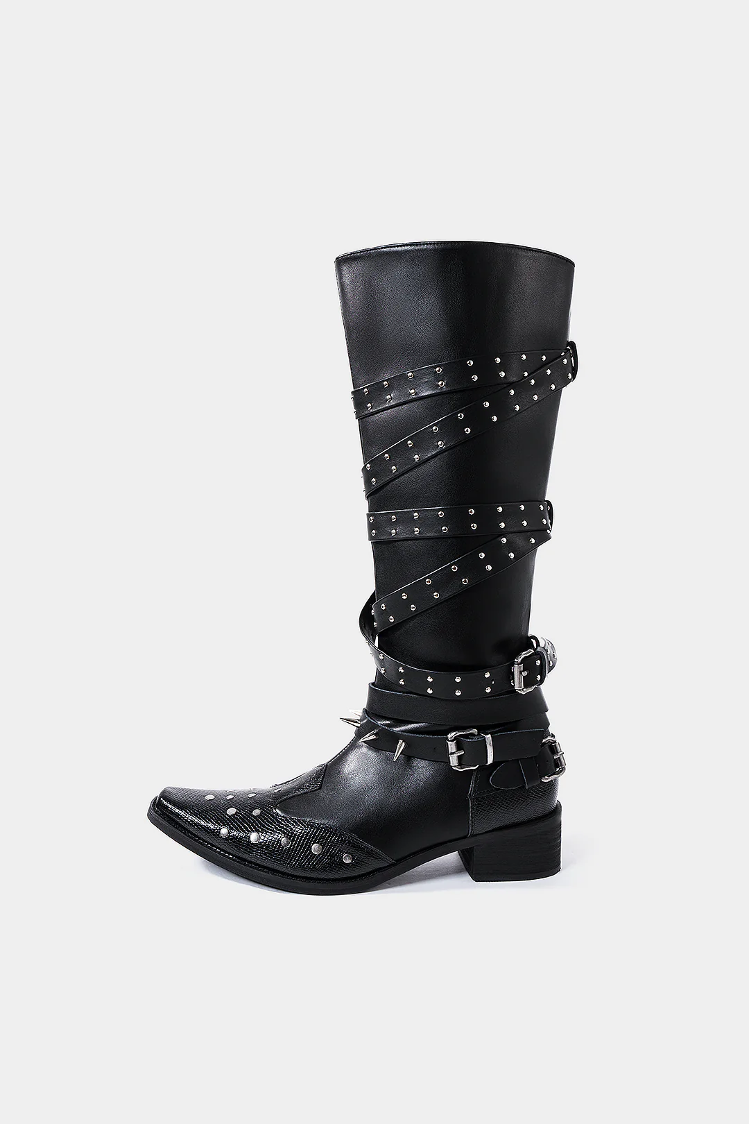 Leather Studded Pointed Toe Knee High Boots - Image 2