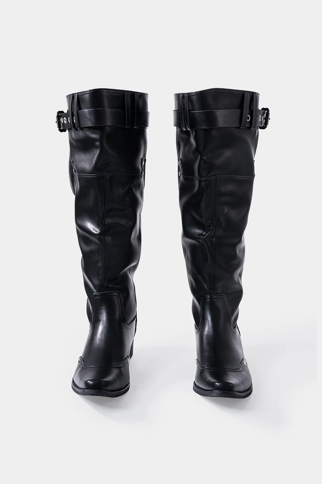Leather Ruched Buckle Knee High Boots - Image 2