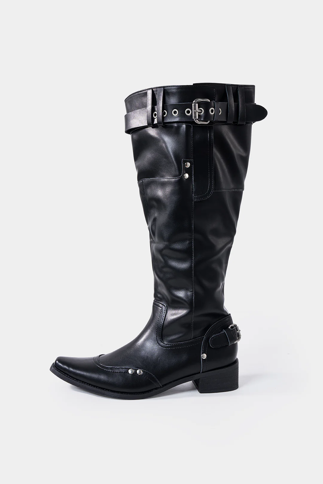 Leather Ruched Buckle Knee High Boots - Image 3