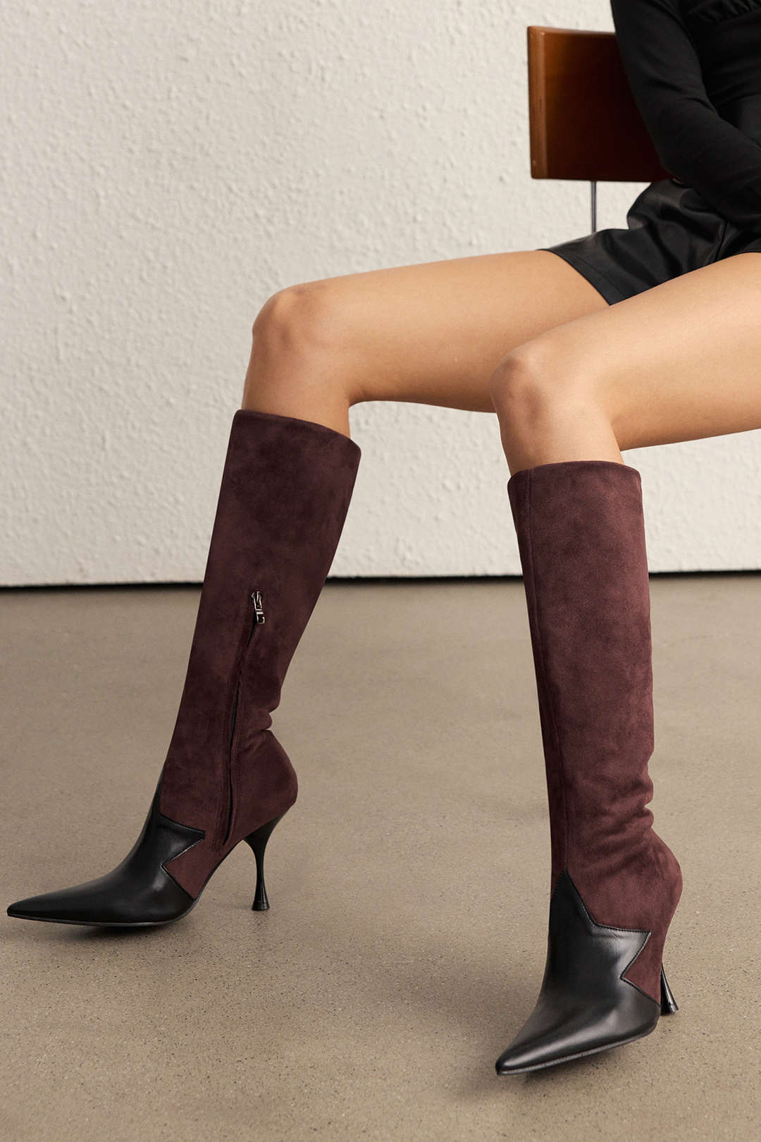Leather Patchwork Side Zipper Pointed High Heel Over The Knee Boots - Image 2