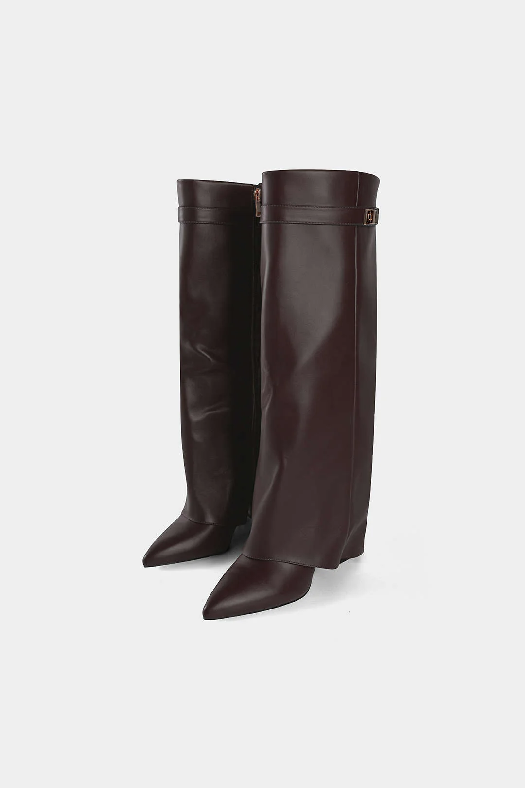 Leather Ruched Pointed Knee High Boots - Image 9