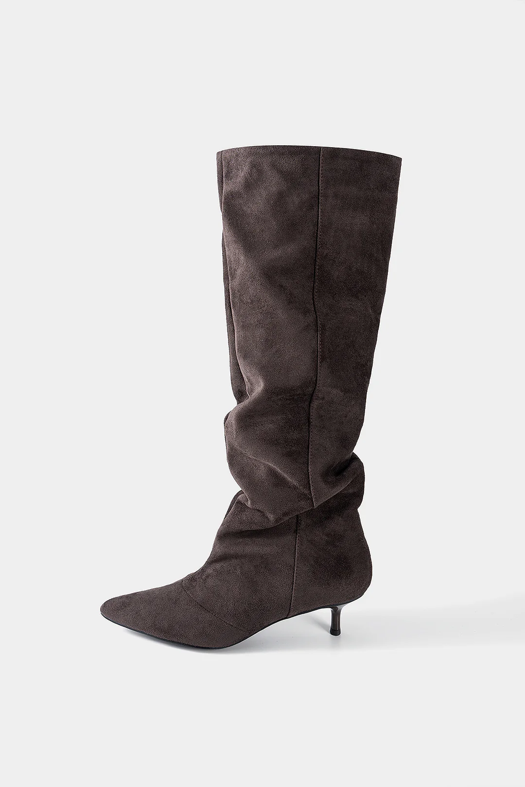 Suede Ruched Pointed Knee High Boots - Image 2