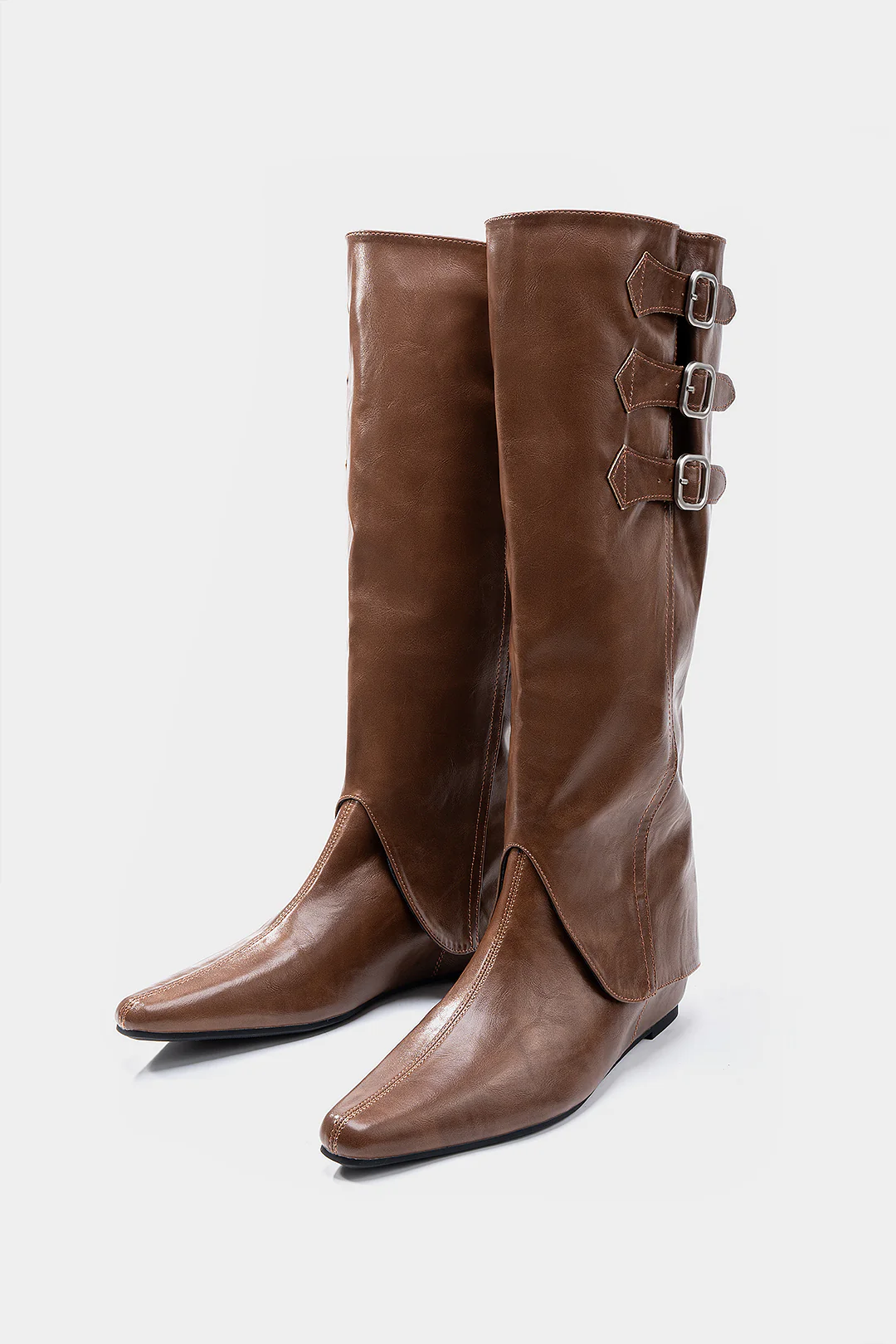Leather Buckle Pointed Knee High Boots