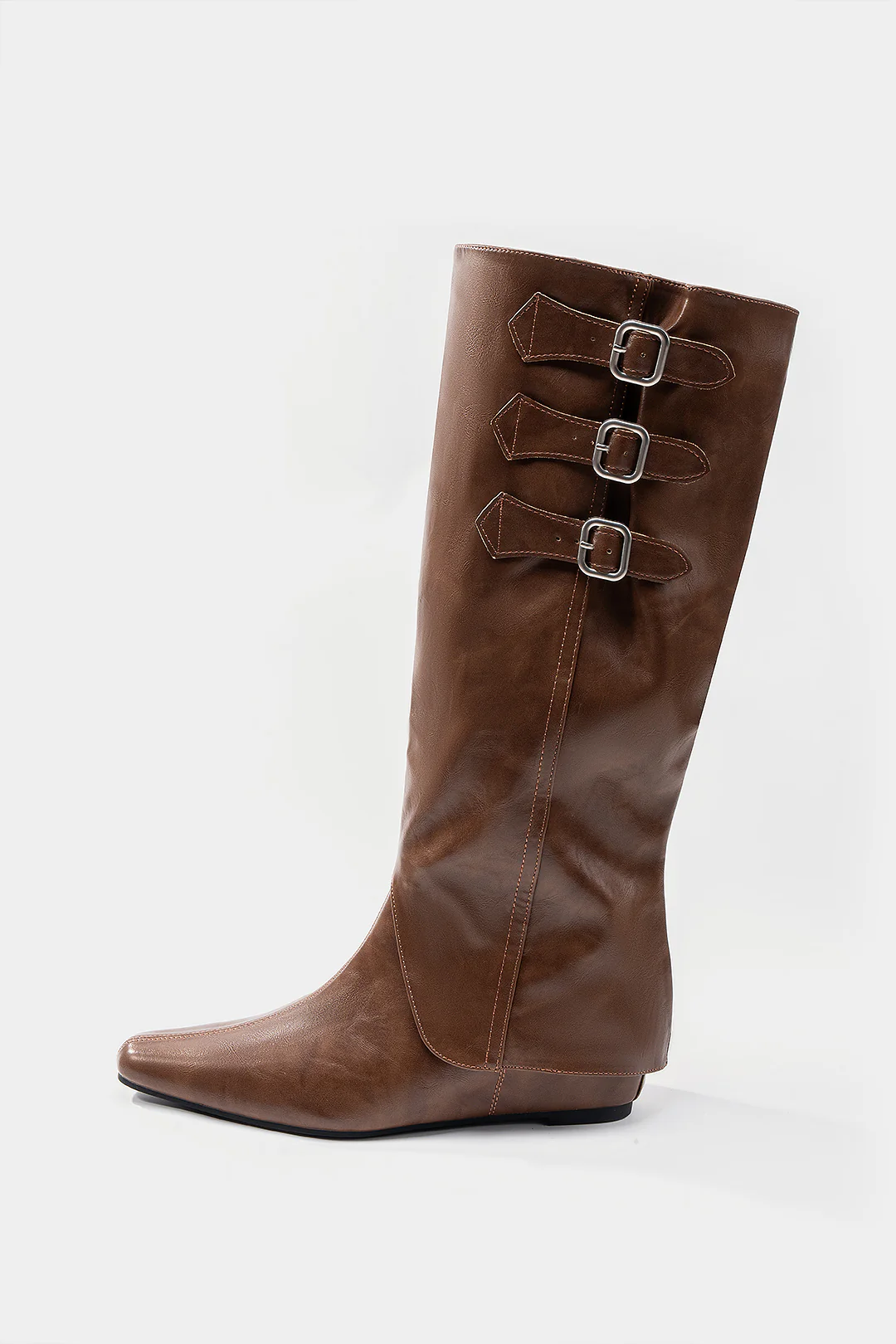 Leather Buckle Pointed Knee High Boots - Image 2