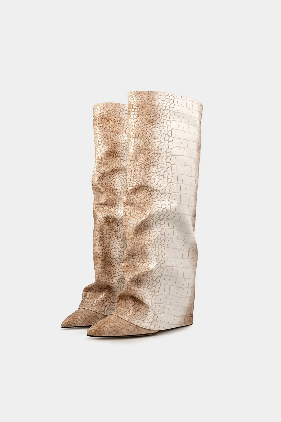 Ombre Crocodile Skin Leather Ruched Zipper Pointed Mid Calf Boots