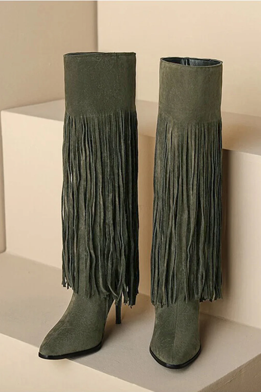 Faux Suede Fringe Pointed Mid Calf Boots - Image 2
