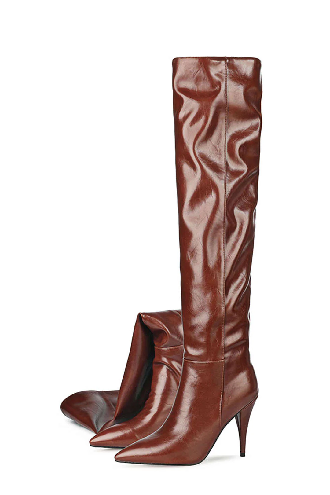 Ruched Faux Leather Pointed Toe Knee High Boots - Image 5