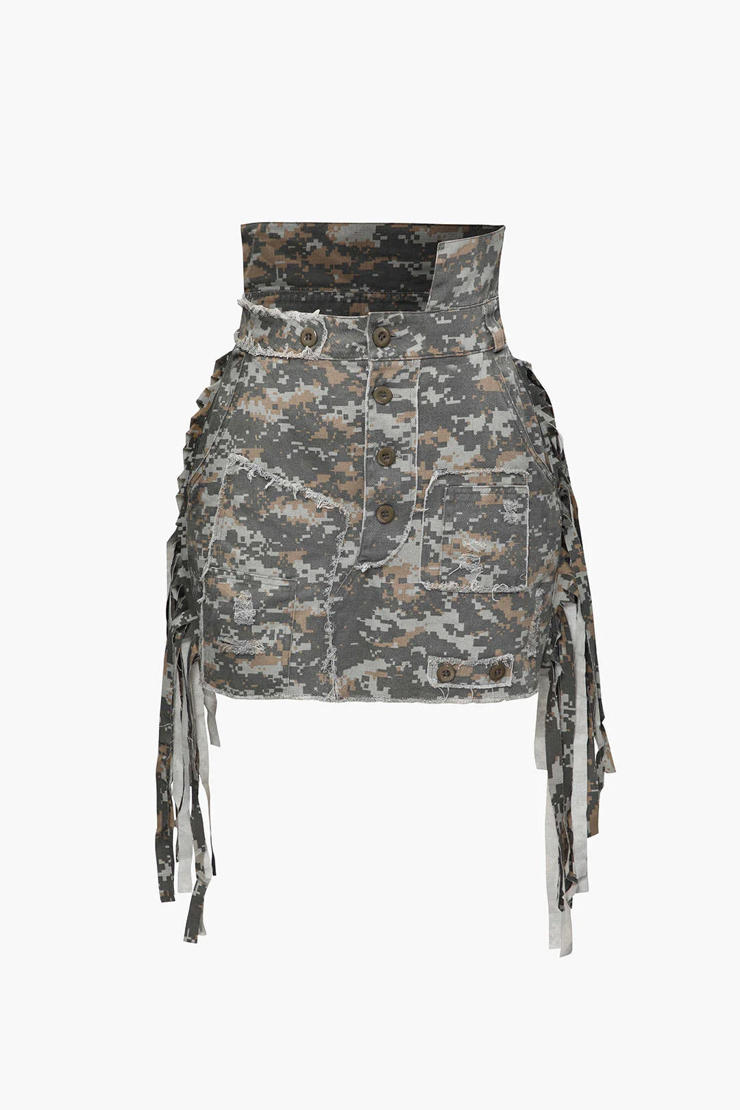 Camo Frayed Patchwork Fringe Mini Skirt - Image 6