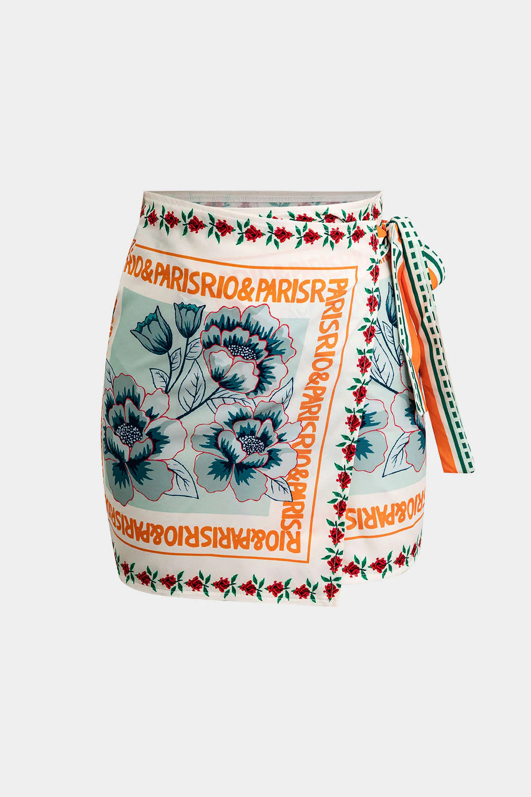 Retro Floral Print Knotted Wrap Mini Skirt