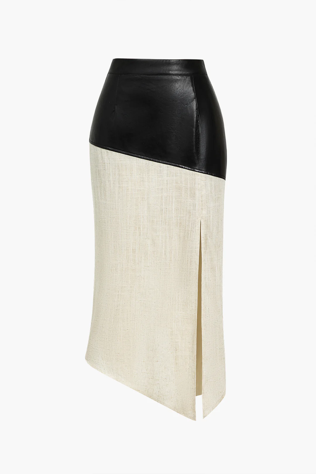 Contrast Faux Leather And Linen Slit Asymmetrical Skirt - Image 6