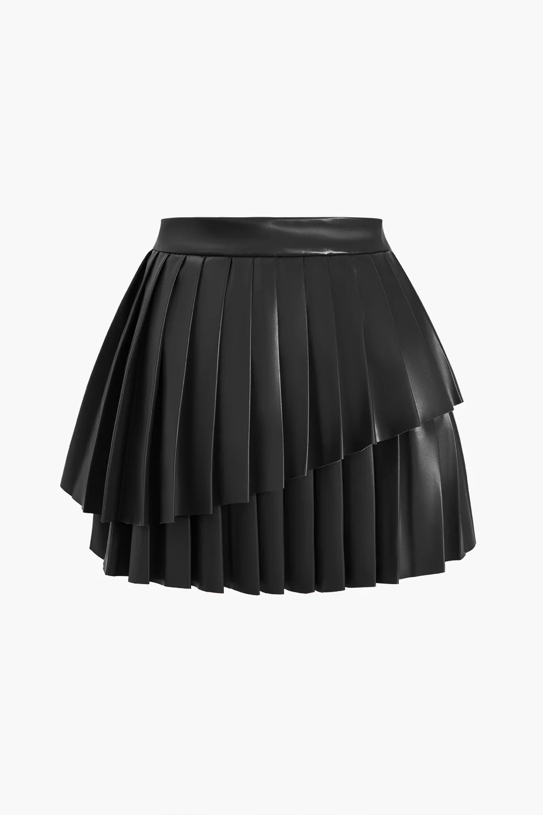 Solid Faux Leather Pleated Asymmetrical Skirt - Image 5
