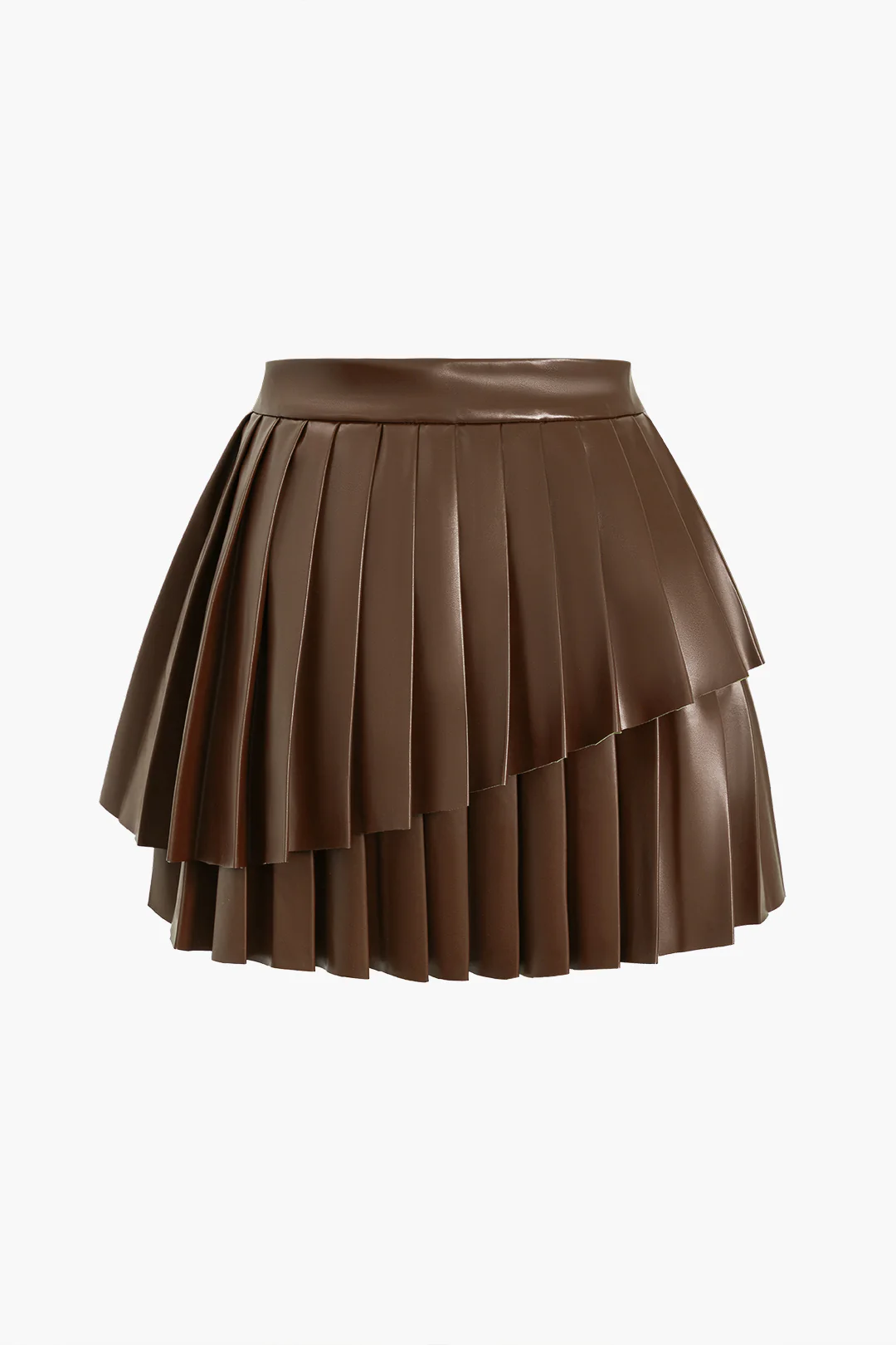 Solid Faux Leather Pleated Asymmetrical Skirt - Image 7