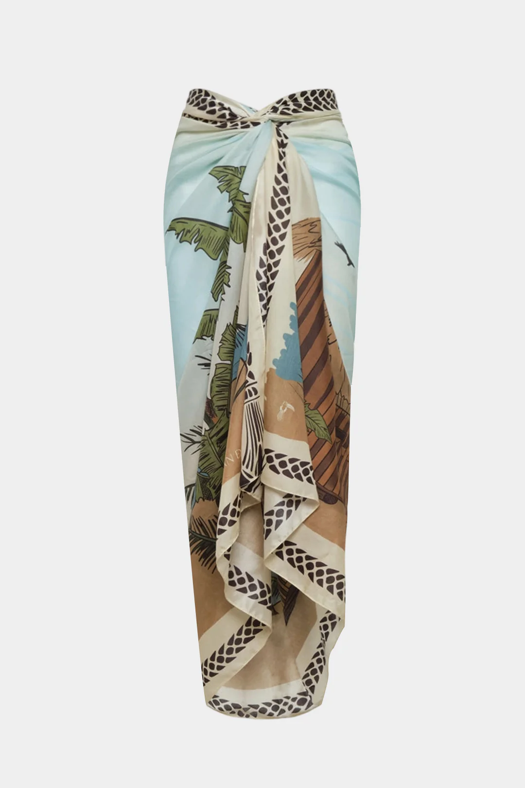 Coconut Palm Print Chiffon Tie Front Skirt