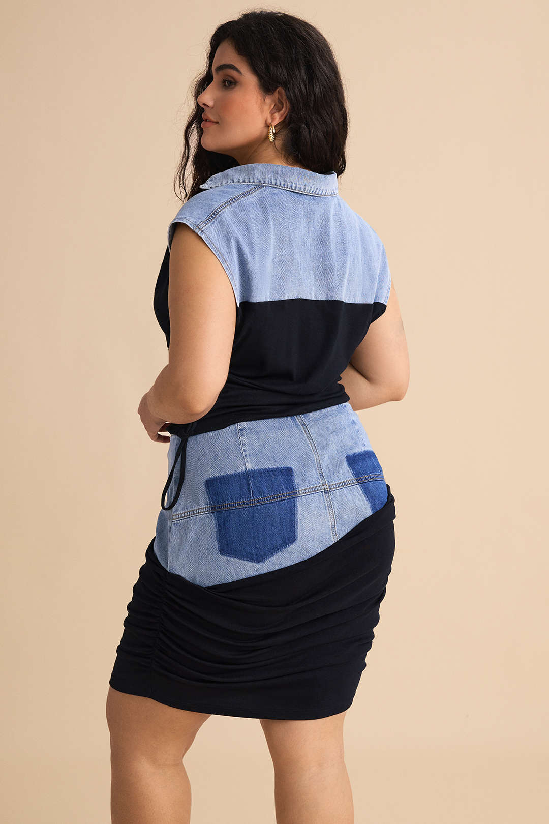 Plus Size Denim Ruched Patchwork Zipper High Waist Skirt - Image 8