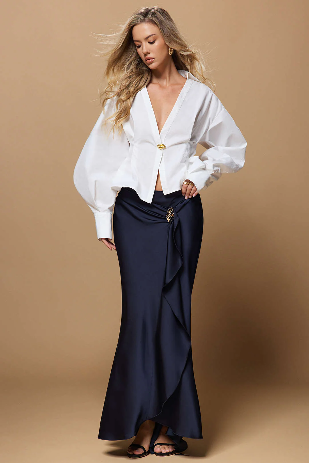 Satin Ruffle Ruched Asymmetrical Skirt - Image 7