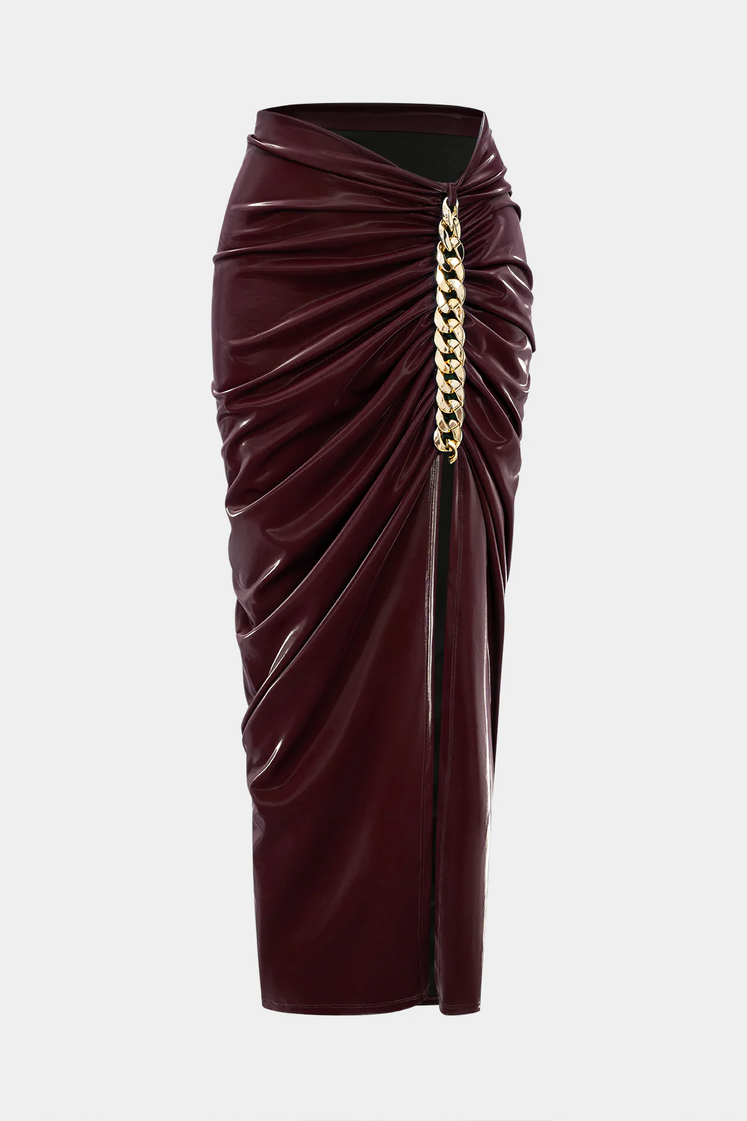 Faux Leather Metallic Chain Ruched Asymmetrical Skirt - Image 5