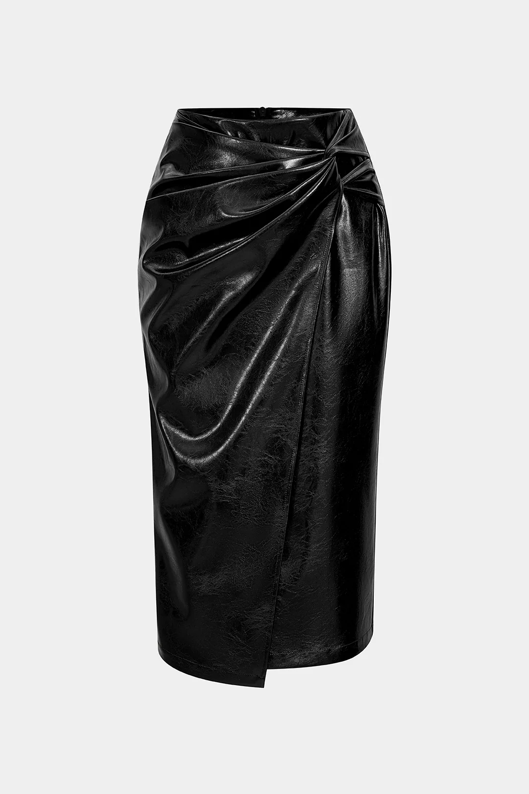 Faux Leather High Waist Ruched Asymmetrical Skirt - Image 9