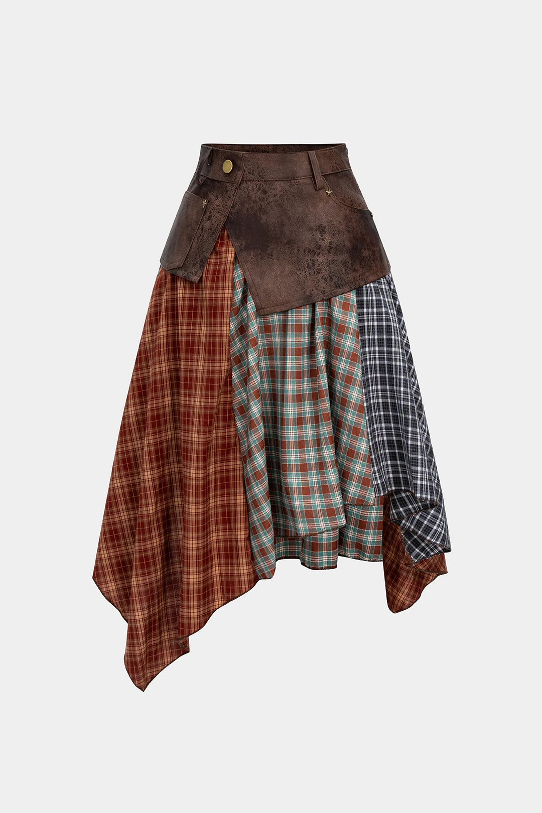 Plaid Contrast Print Faux Leather Patchwork Irregular Hem Skirt