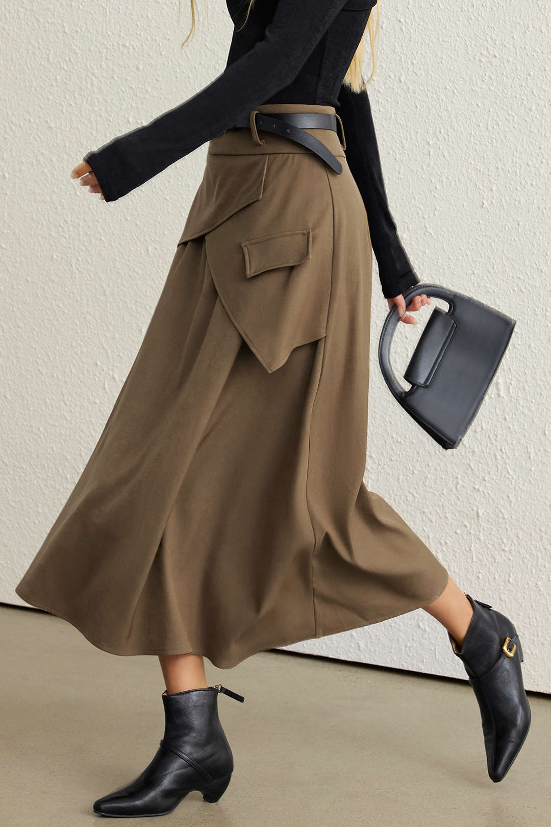 Belted Asymmetrical Ruched High Waist Skirt - Image 7