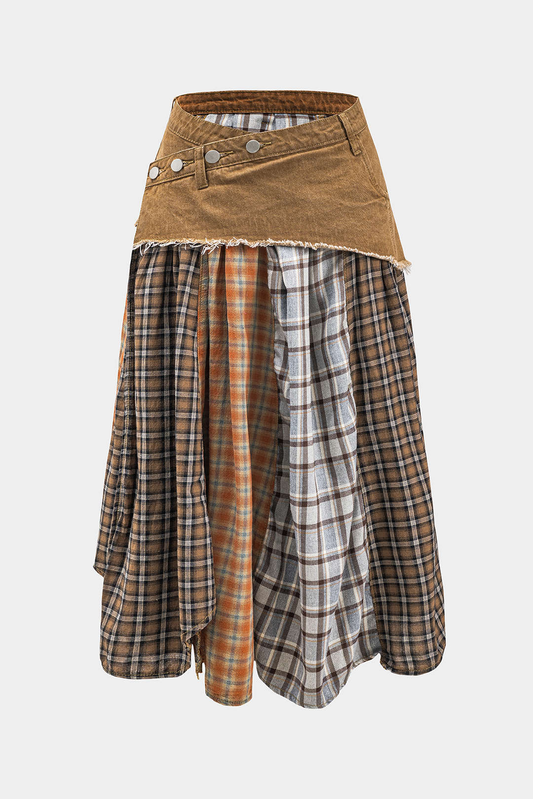 Plus Size Denim Plaid Print Patchwork Asymmetrical Skirt