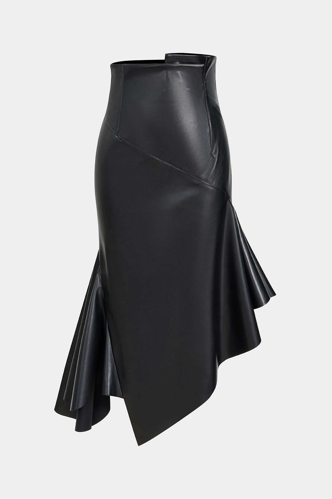 Faux Leather Asymmetrical Hem Ruched Skirt