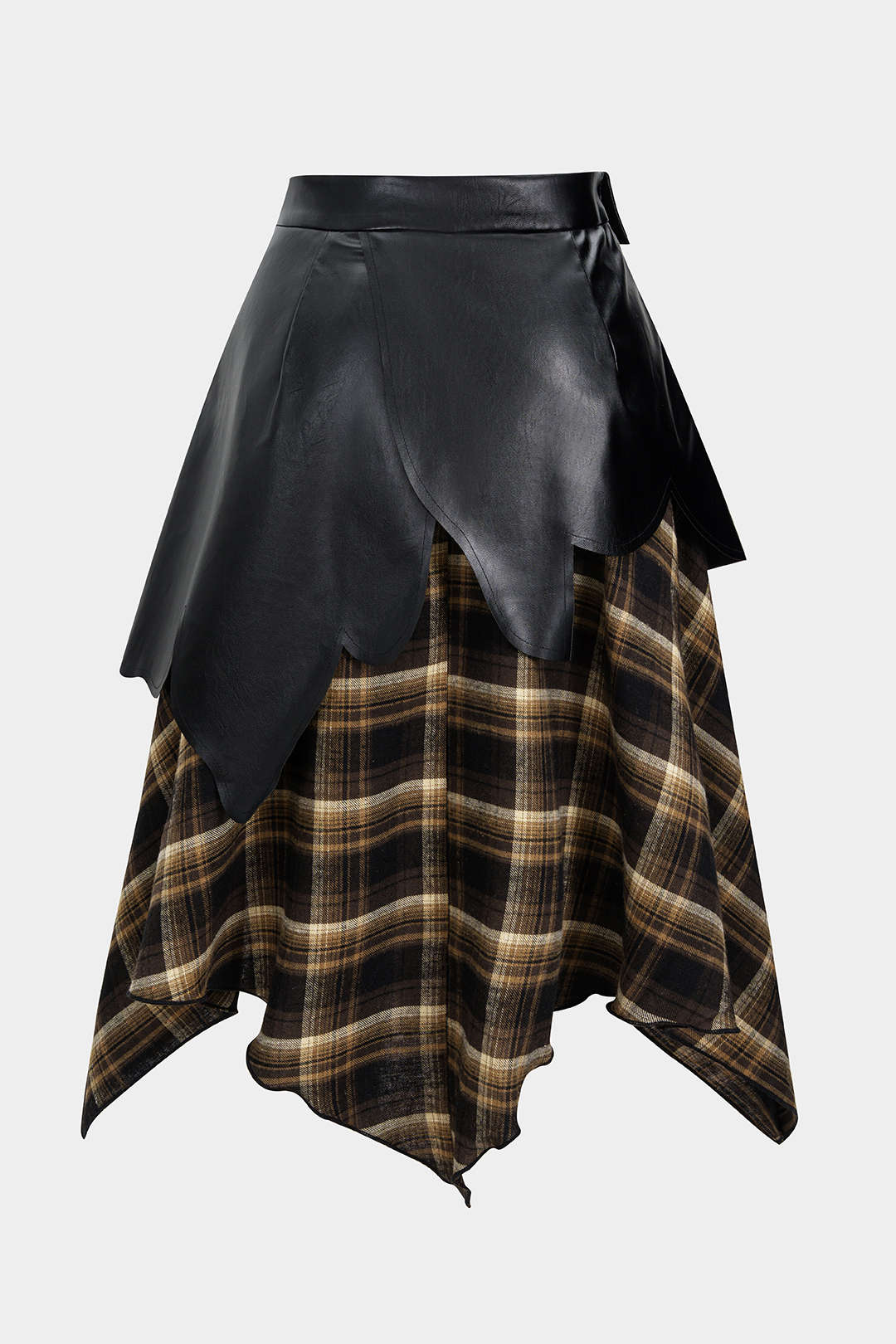Plus Size Color Block Plaid Print Faux Leather Patchwork Tie-Up Asymmetrical Pocket Skirt - Image 2