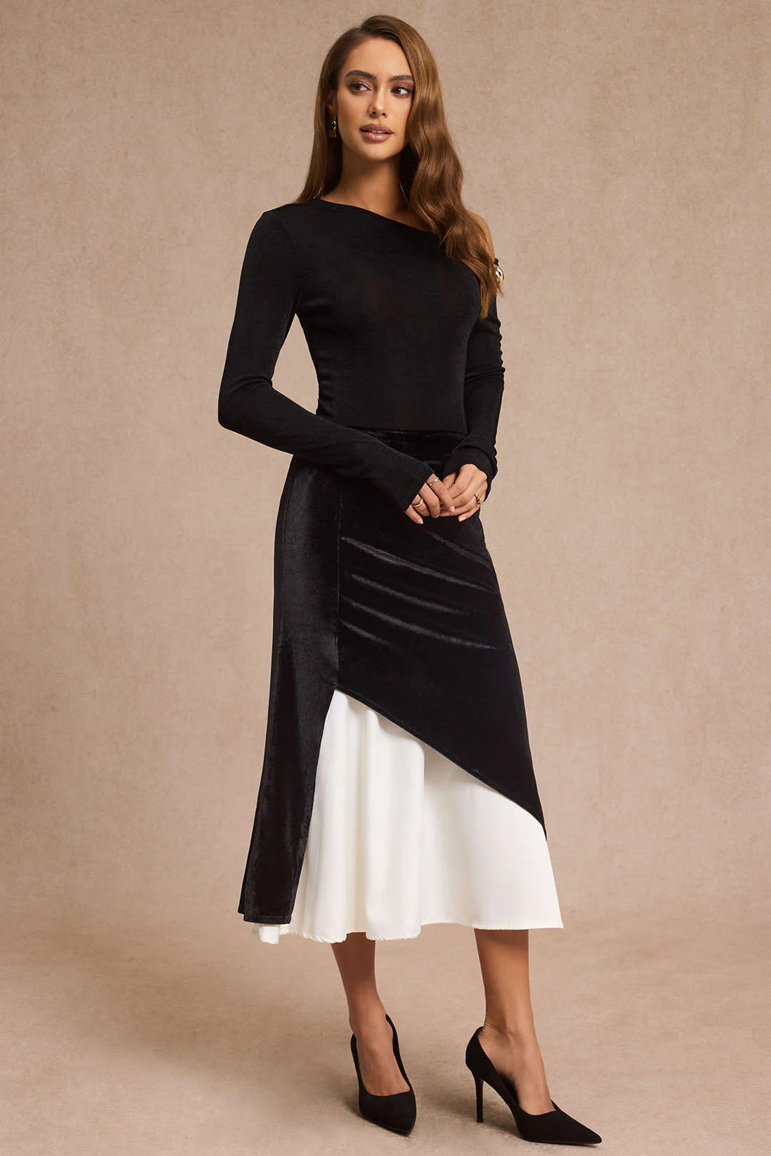 Velvet Patchwork Asymmetrical High Waist Skirt