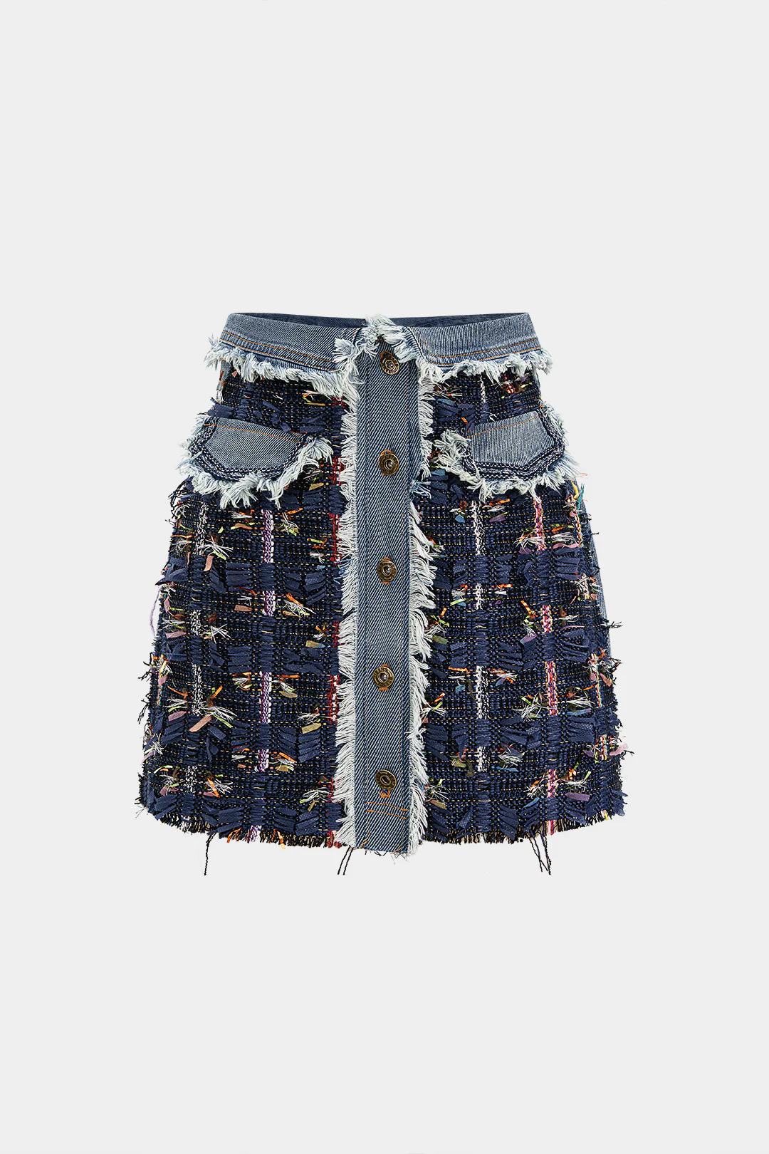Denim Jacquard Patchwork Frayed Pocket Mini Skirt