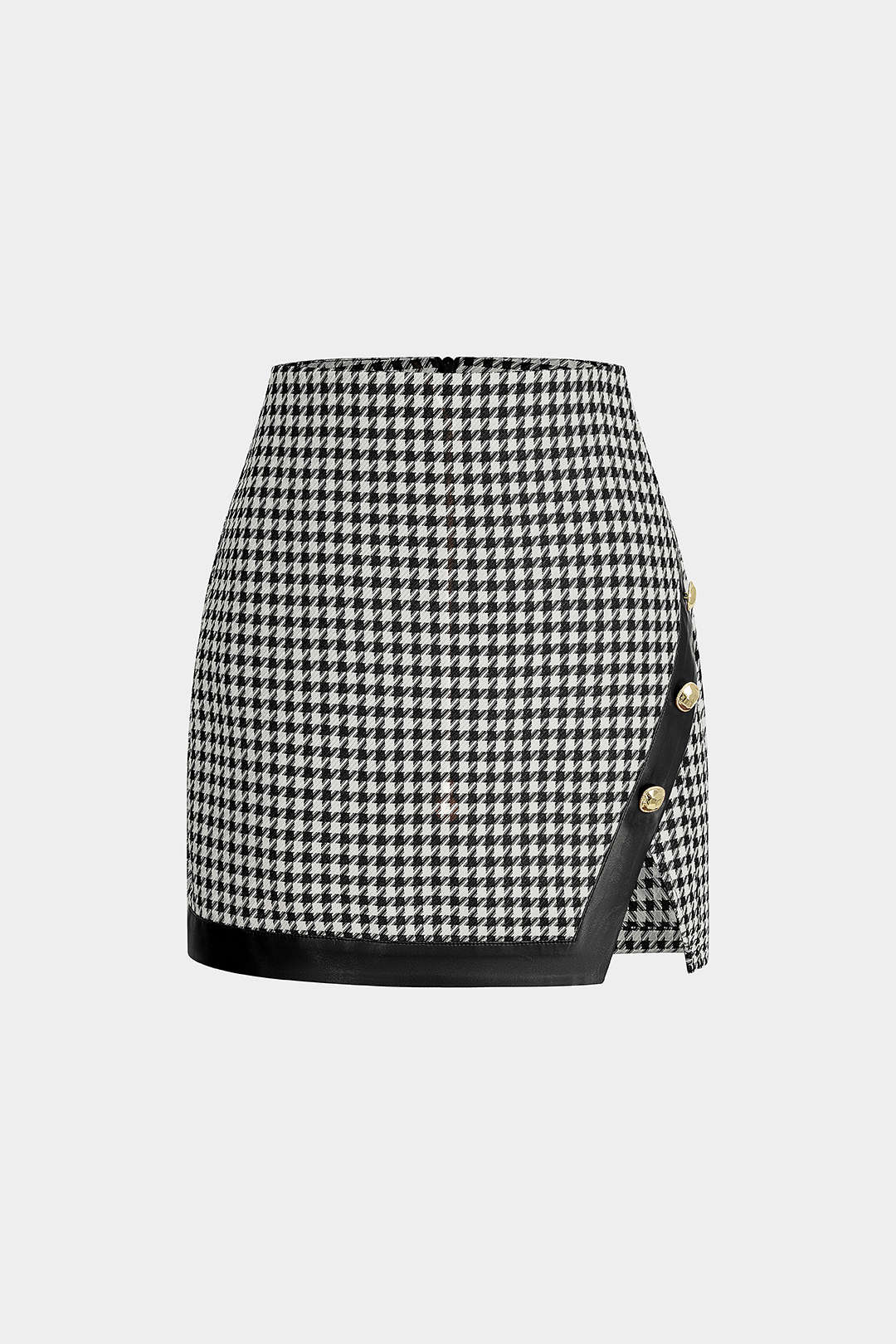 Houndstooth Print Faux Leather Patchwork Asymmetrical Side Split Skirt - Image 5