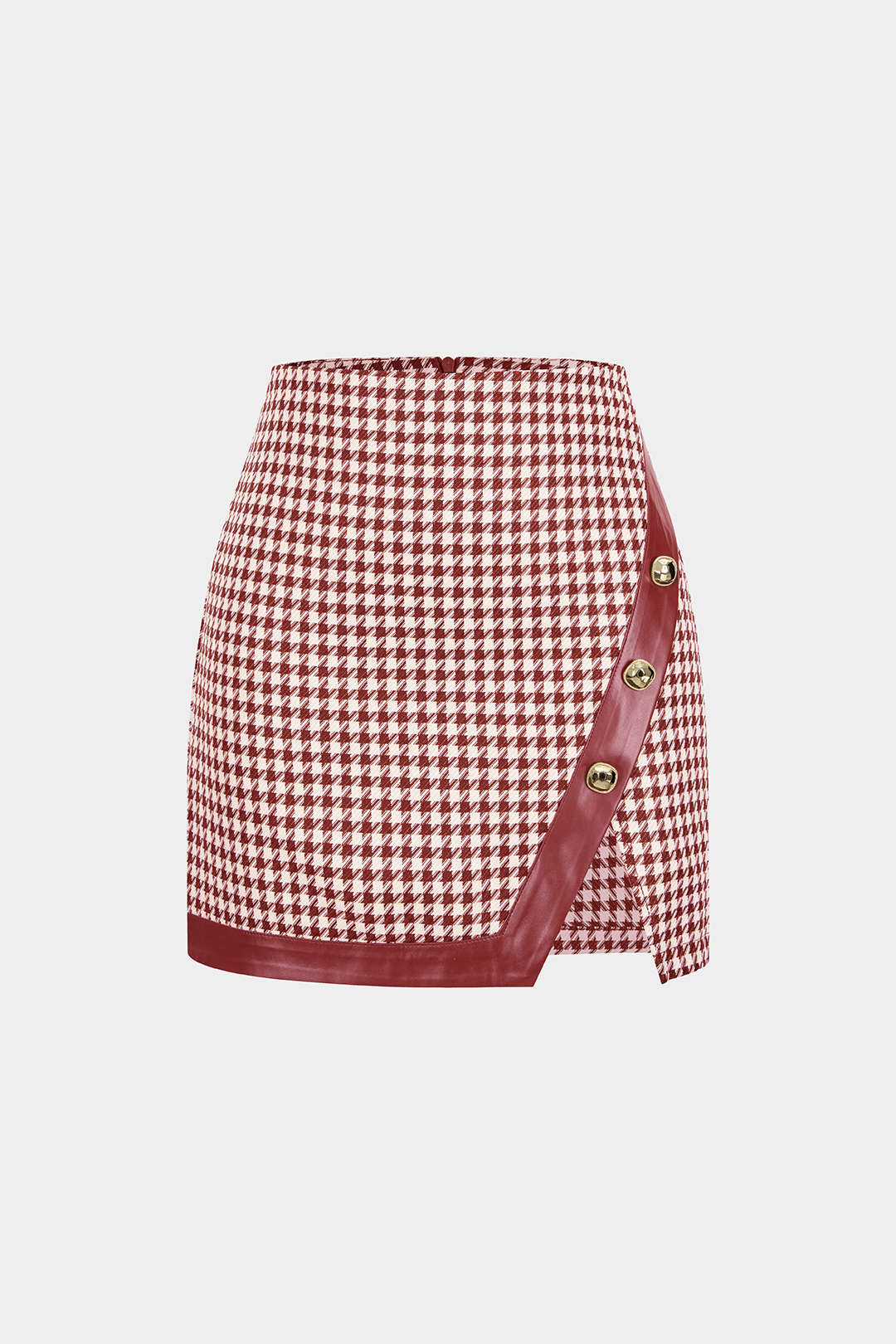 Houndstooth Print Faux Leather Patchwork Asymmetrical Side Split Skirt - Image 6