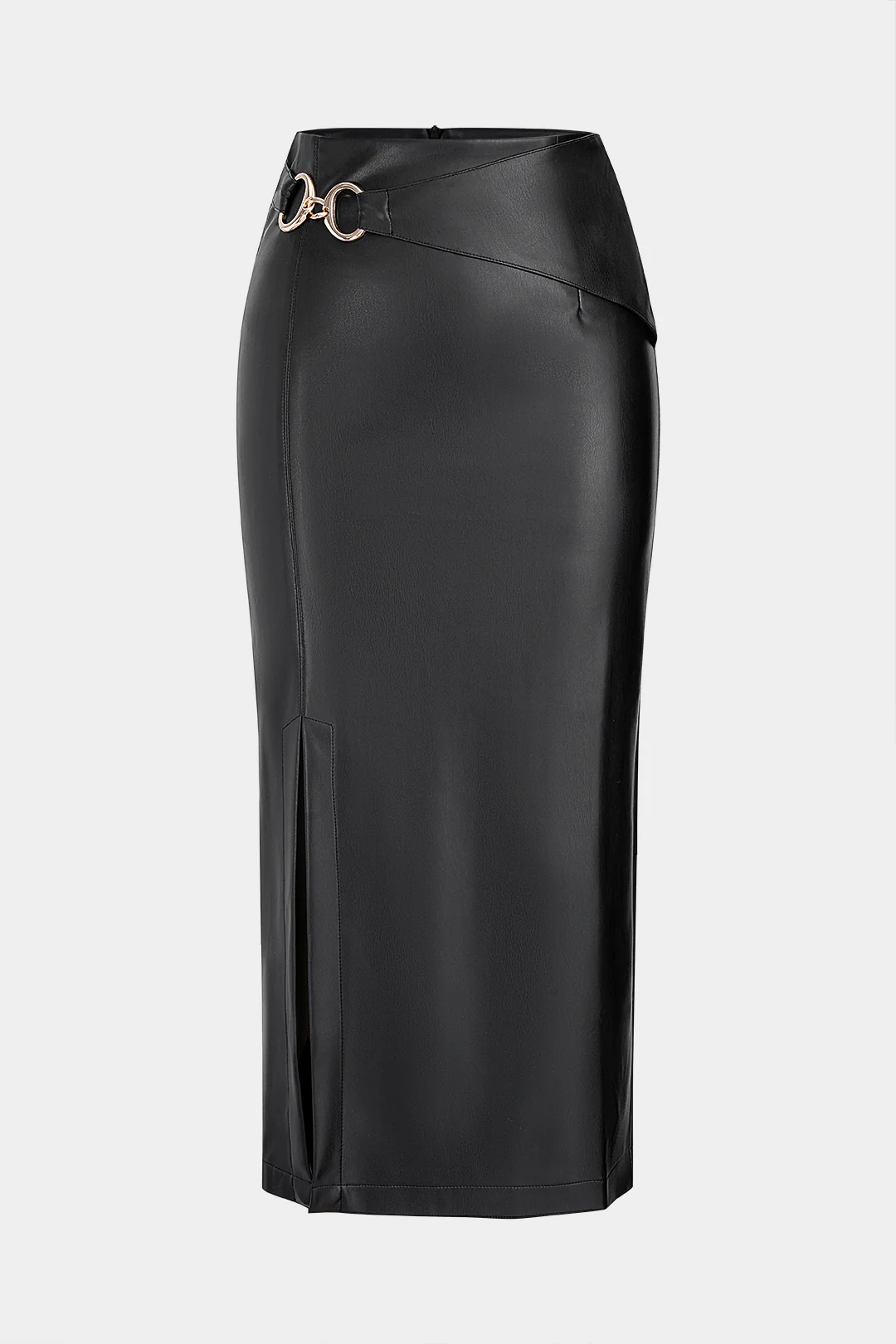 Faux Leather Metallic Buckle Slit Skirt