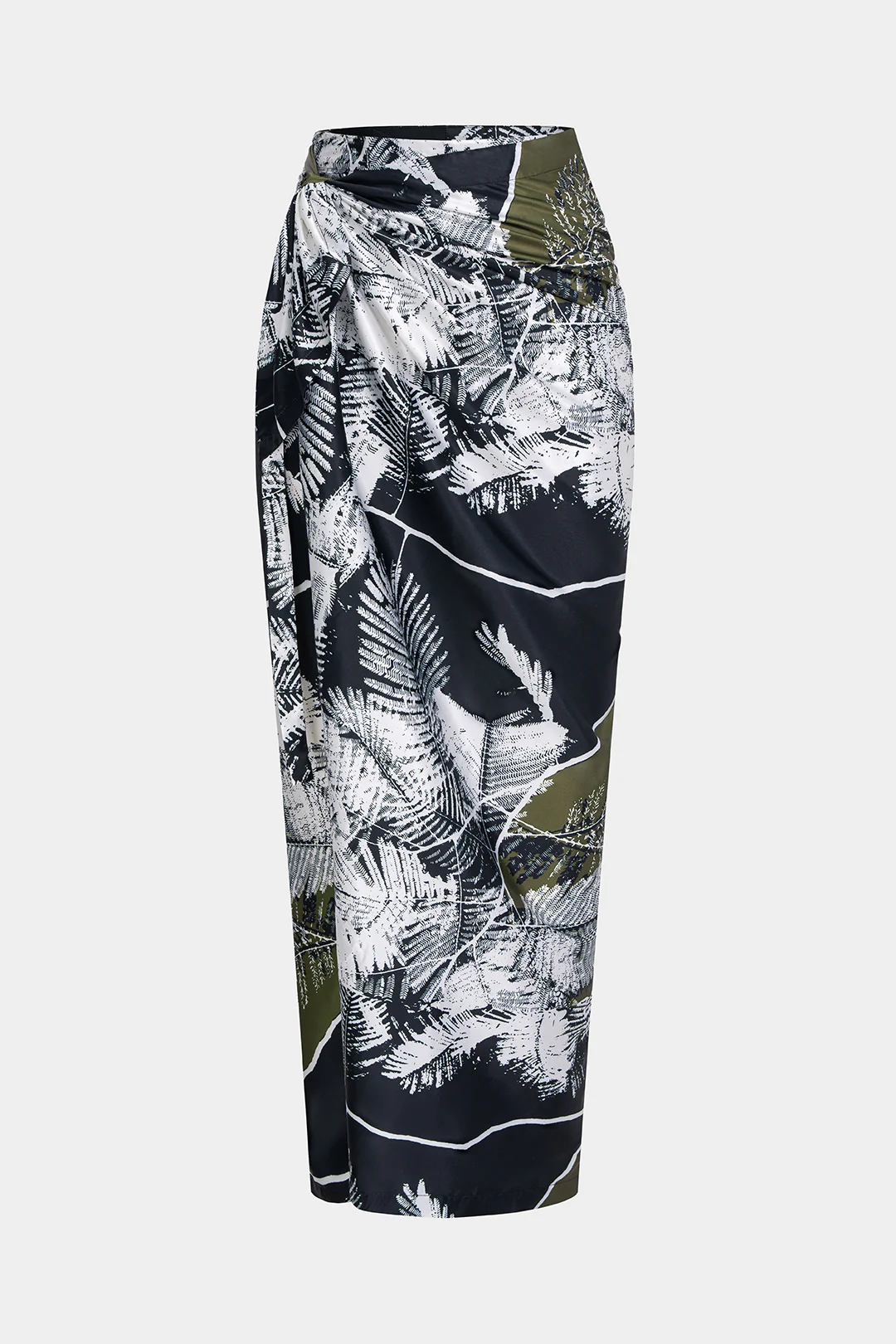 Leaves Print Satin Asymmetrical Tie-Up Ruched Skirt