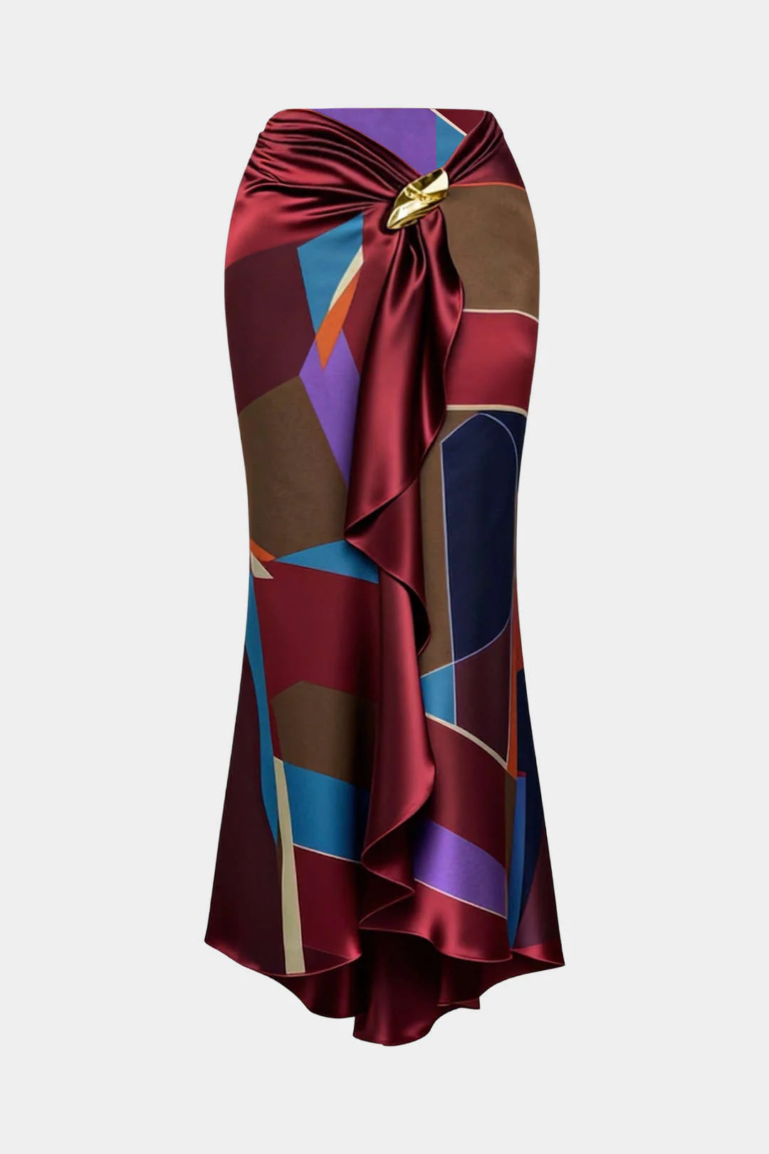 Satin Plaid Contrast Print Metallic Decor Ruched Skirt
