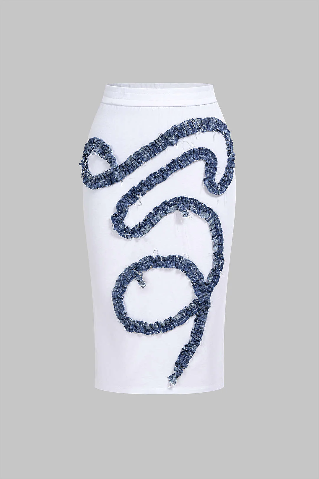 Patchwork Denim Ruched Asymmetrical Skirt
