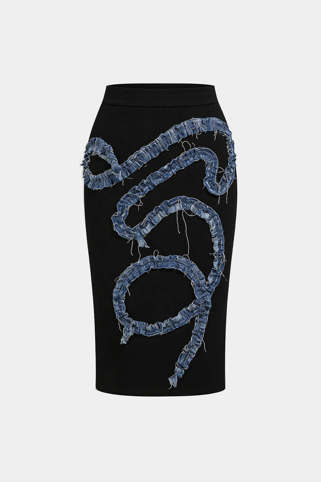 Patchwork Denim Ruched Asymmetrical Skirt - Image 5