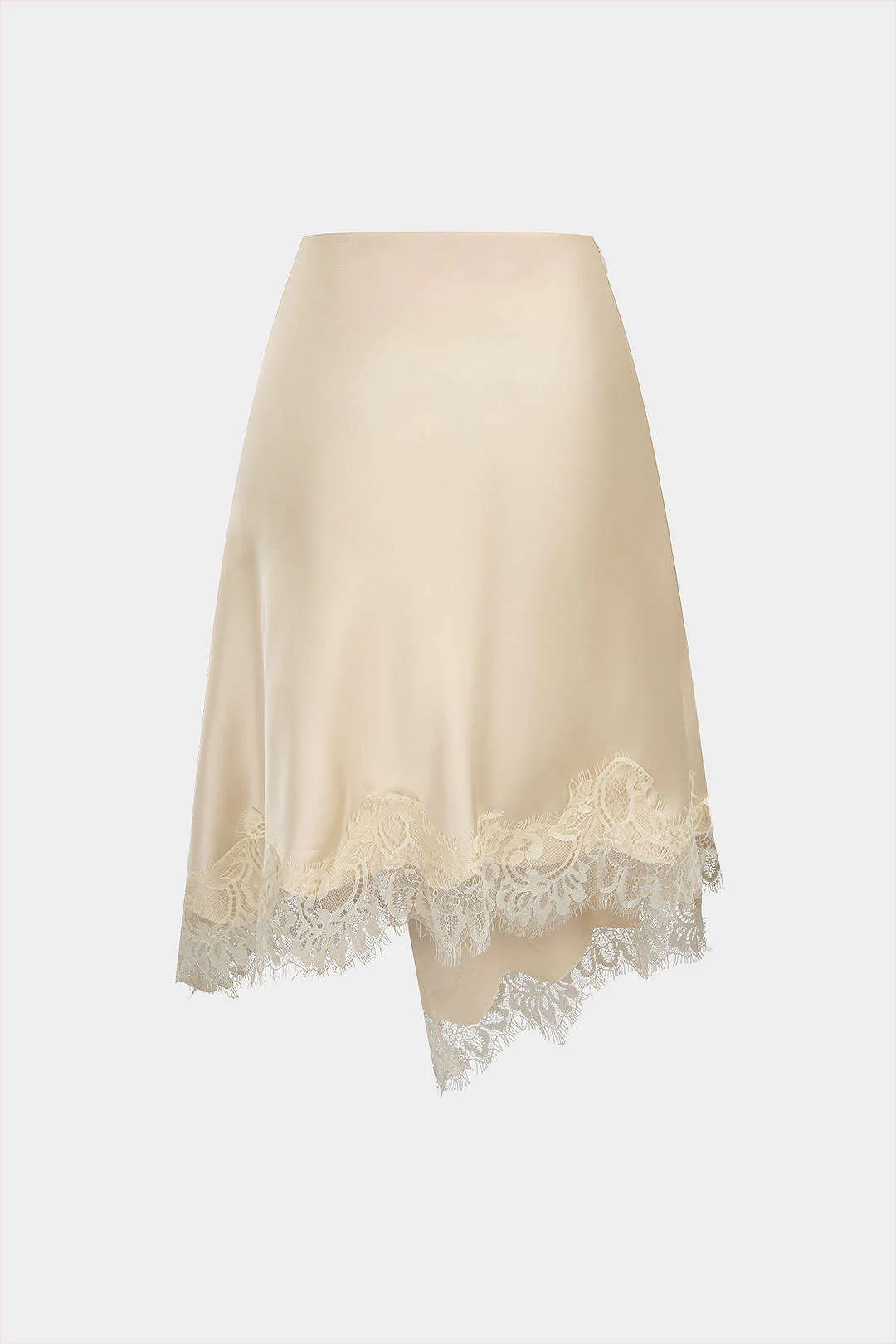 Satin Patchwork Lace Asymmetrical Hem Skirt - Image 3