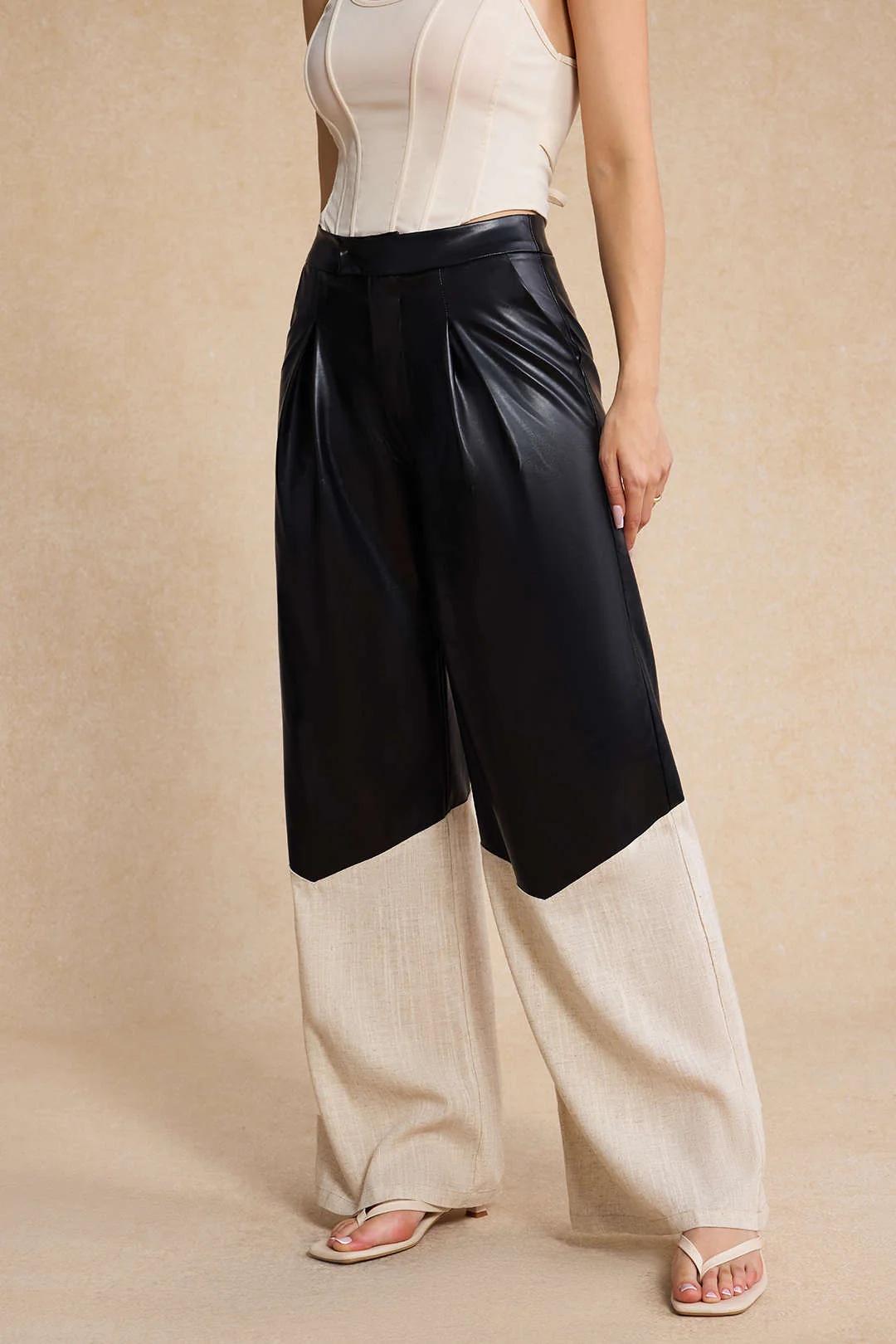 Faux Leather Linen High Waist Patchwork Trousers - Image 10
