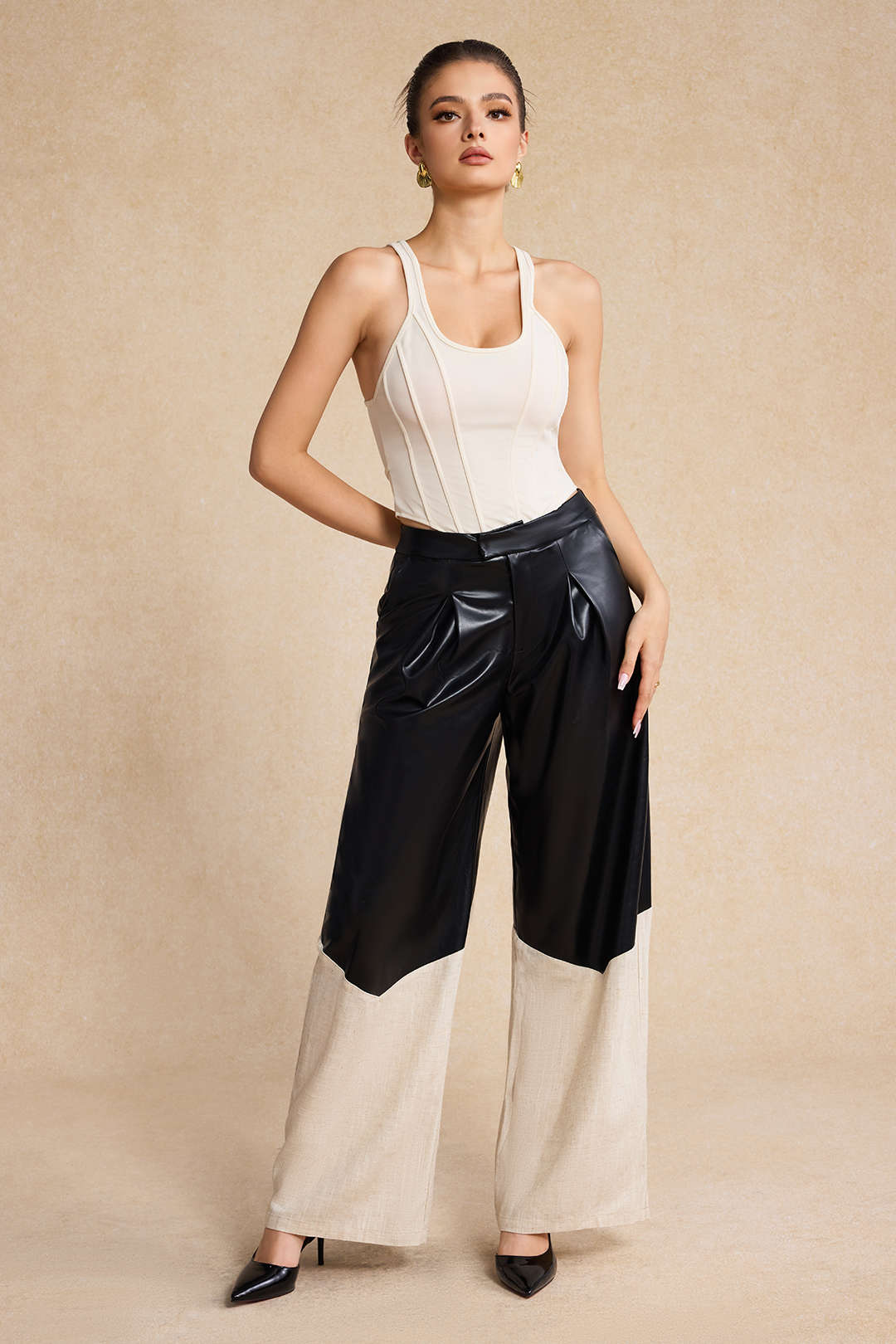 Faux Leather Linen High Waist Patchwork Trousers - Image 8