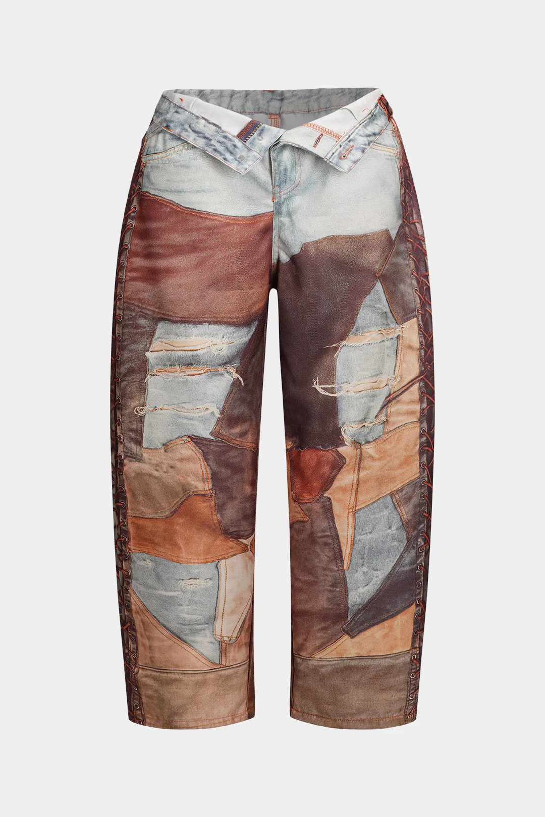 Plus Size Patchwork Button Zipper Pocket Wide Leg Trousers