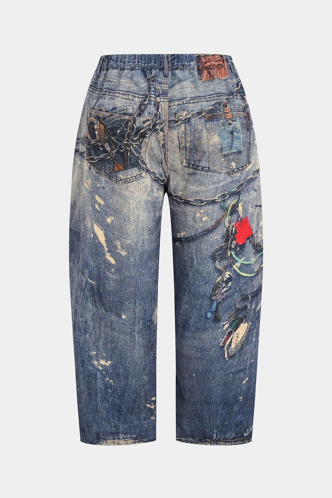 Plus Size Abstract Watercolor Print Button Pocket Trousers - Image 3
