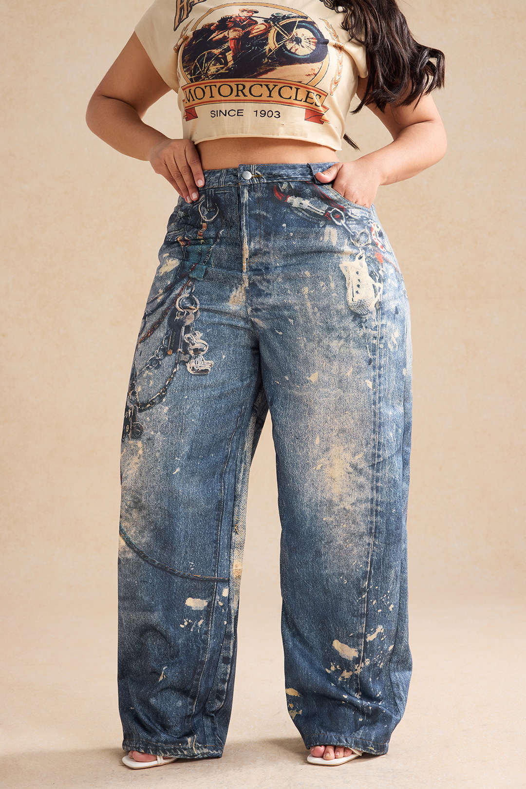 Plus Size Abstract Watercolor Print Button Pocket Trousers - Image 9