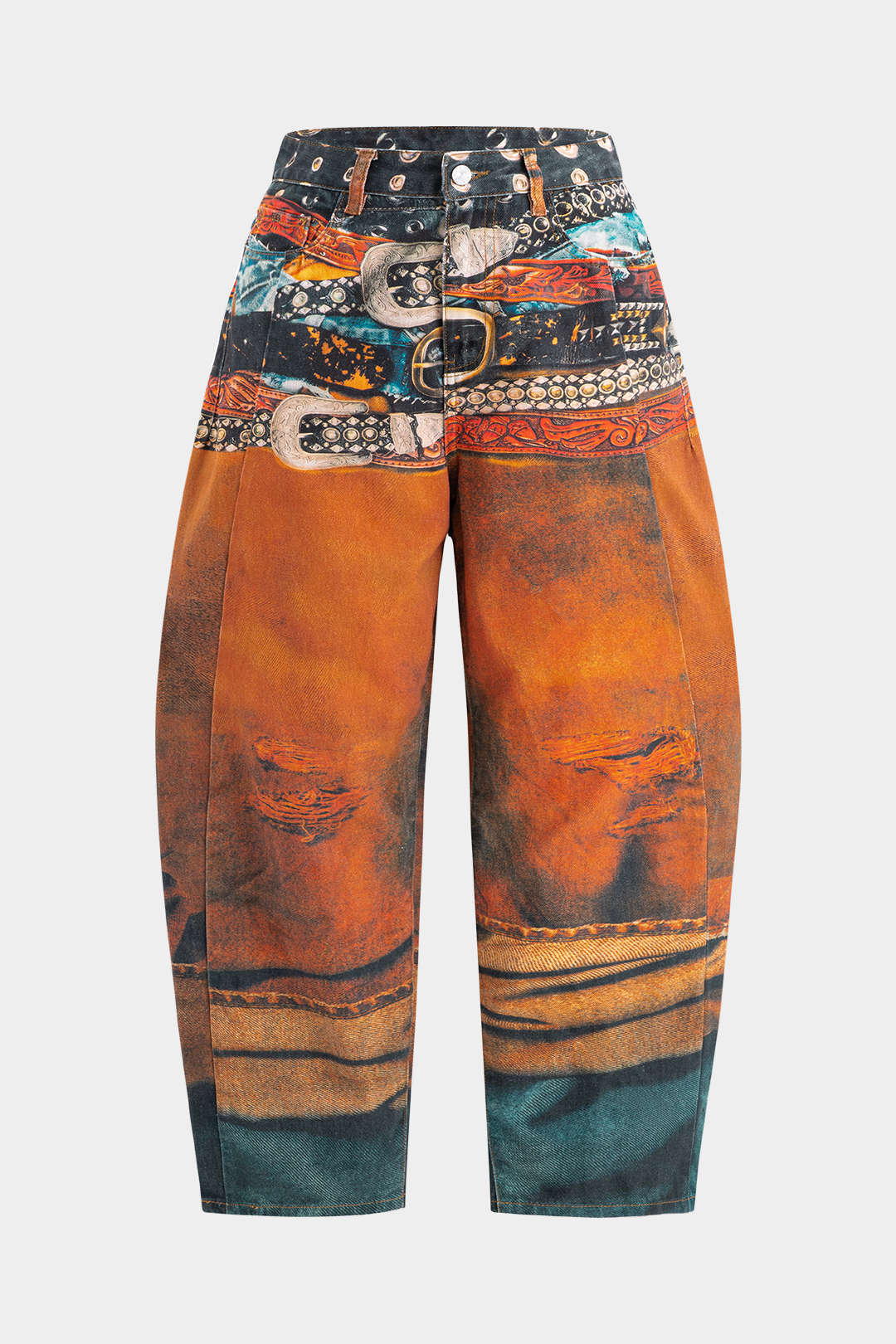 Plus Size Abstract Print Denim Zipper Detail High Waist Barrel Pants
