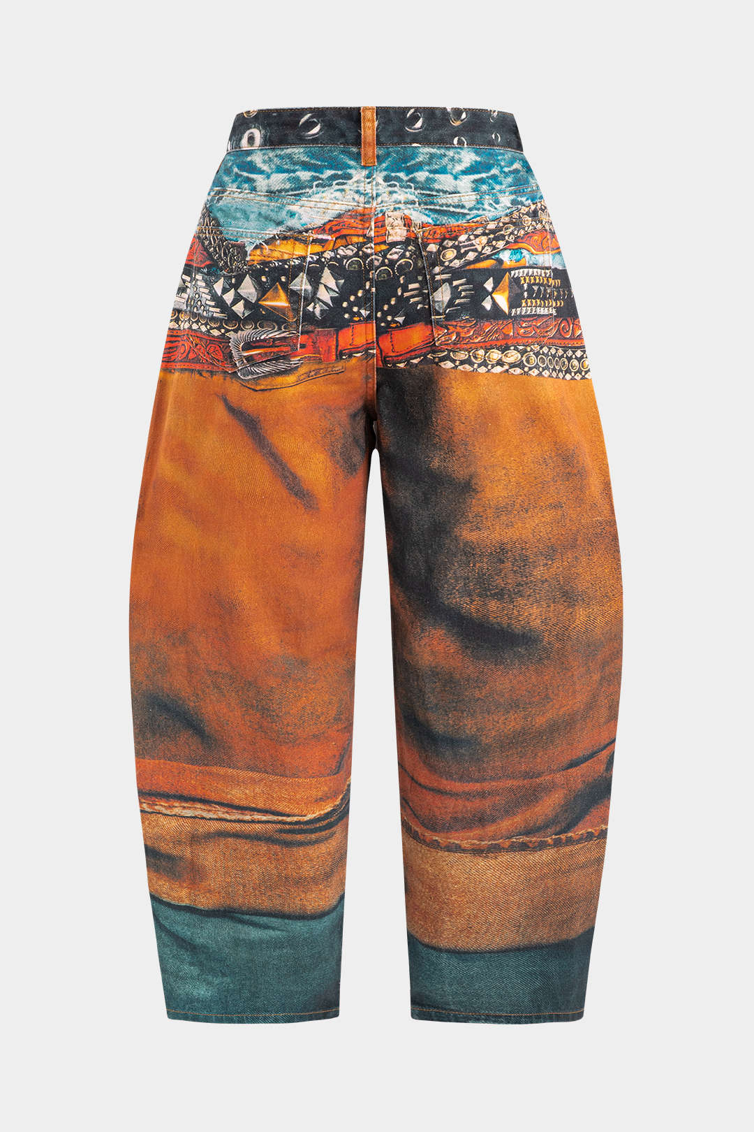 Plus Size Abstract Print Denim Zipper Detail High Waist Barrel Pants - Image 2