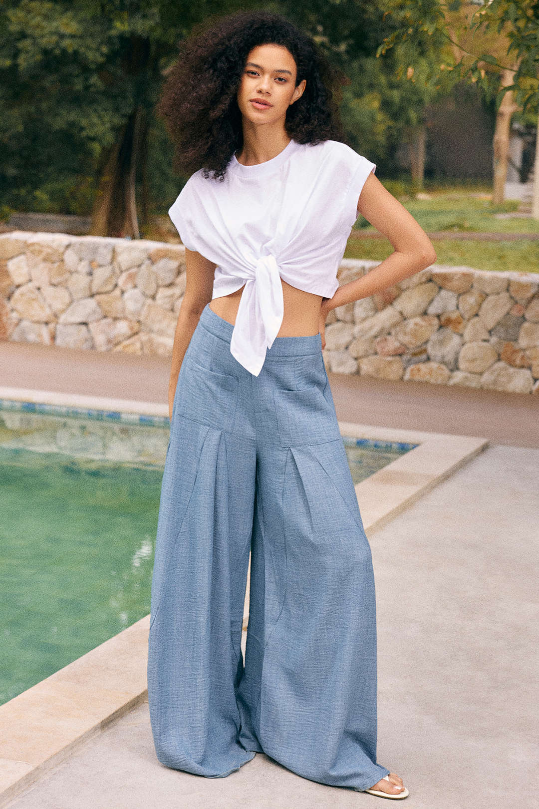 Ruched Zipper Pocket Wide Leg Trousers - Image 8