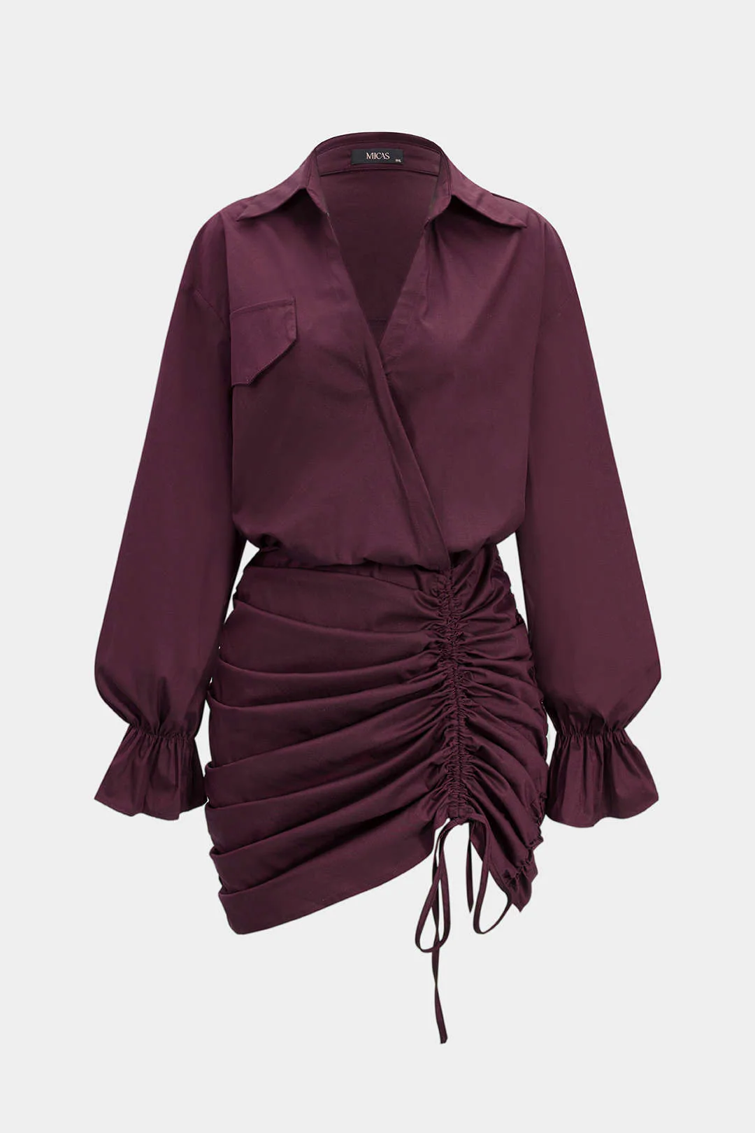 Ruched V-Neck Drawstring Ruffle Long Sleeve Mini Dress