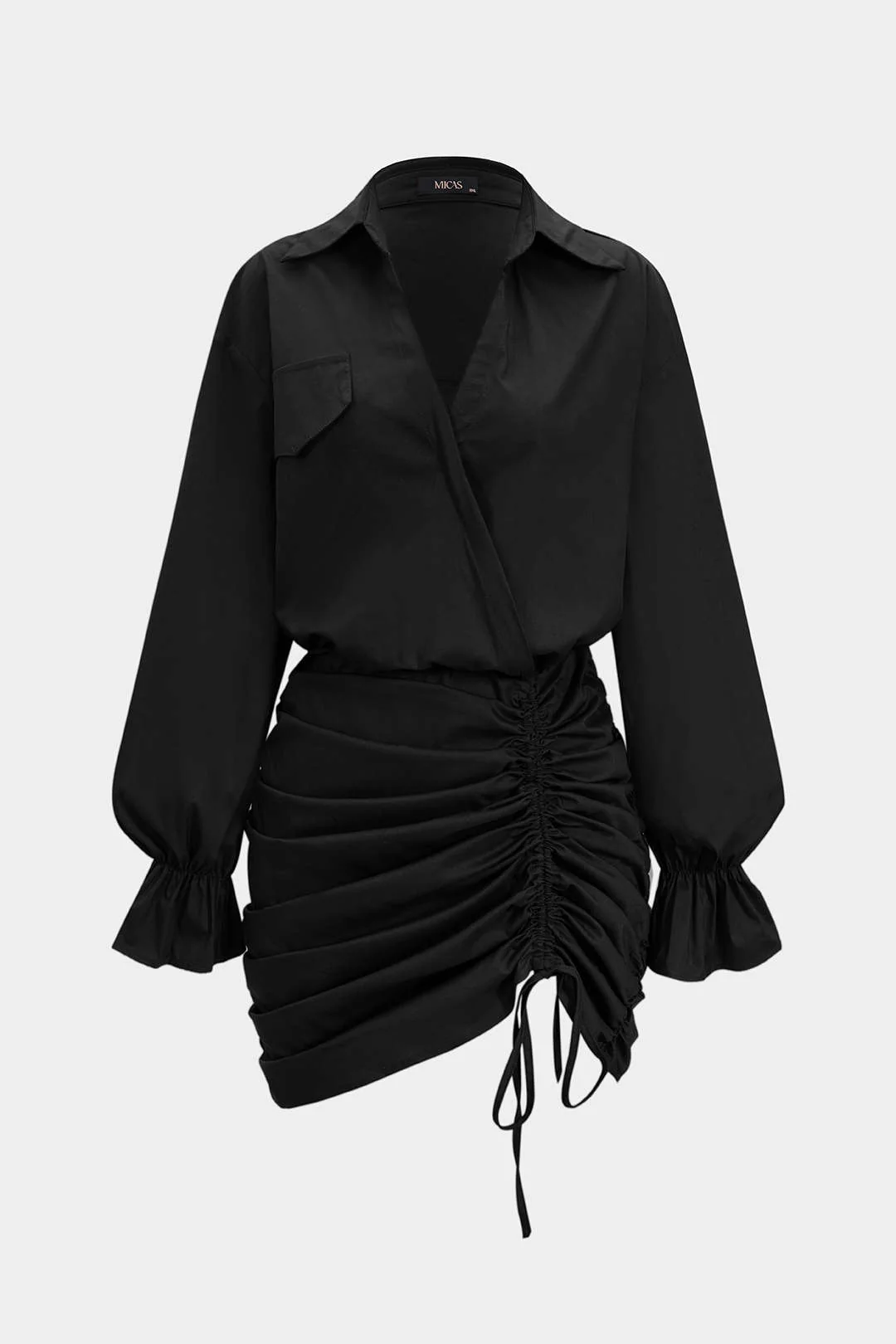 Ruched V-Neck Drawstring Ruffle Long Sleeve Mini Dress - Image 3