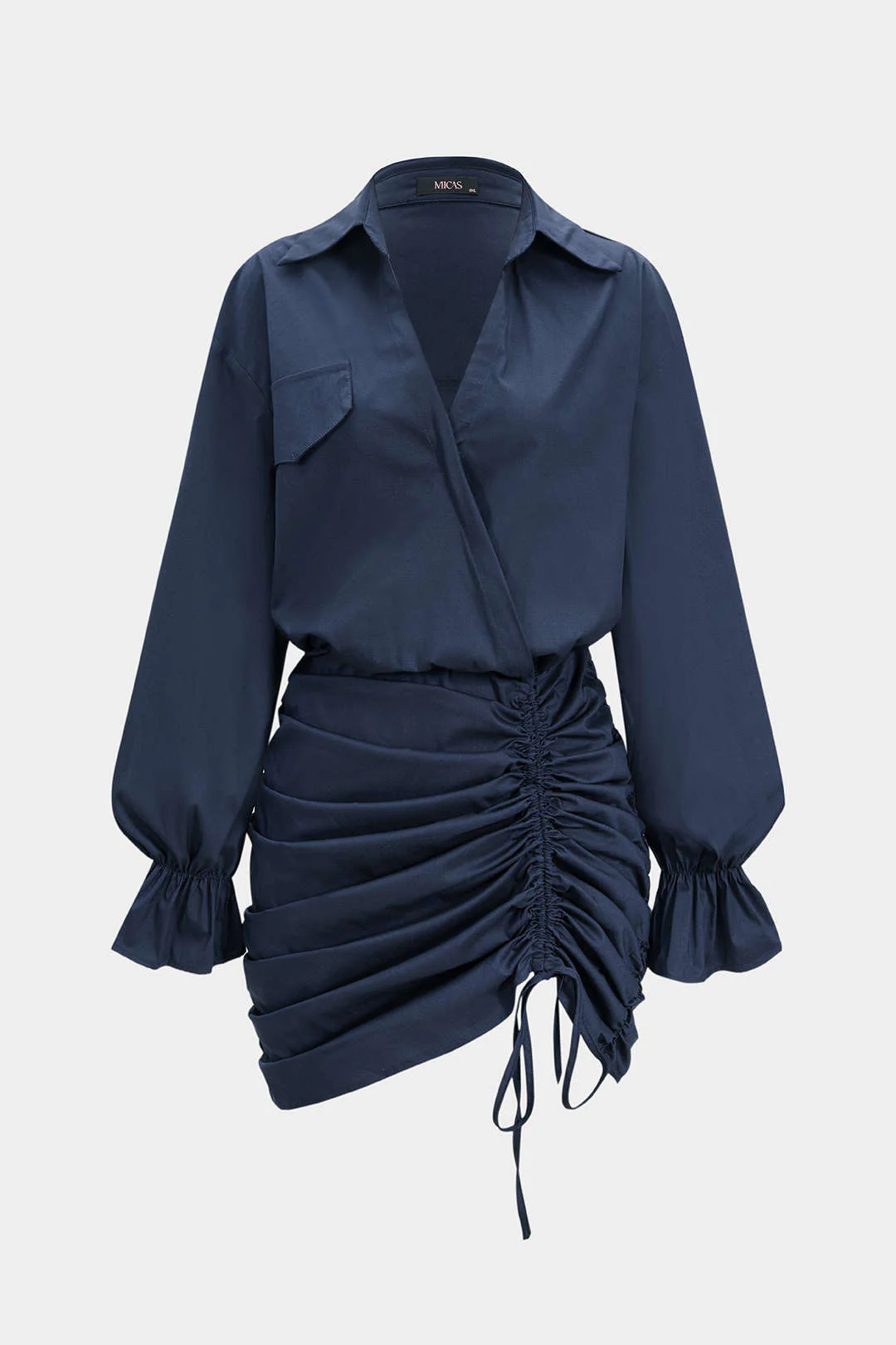 Ruched V-Neck Drawstring Ruffle Long Sleeve Mini Dress - Image 4