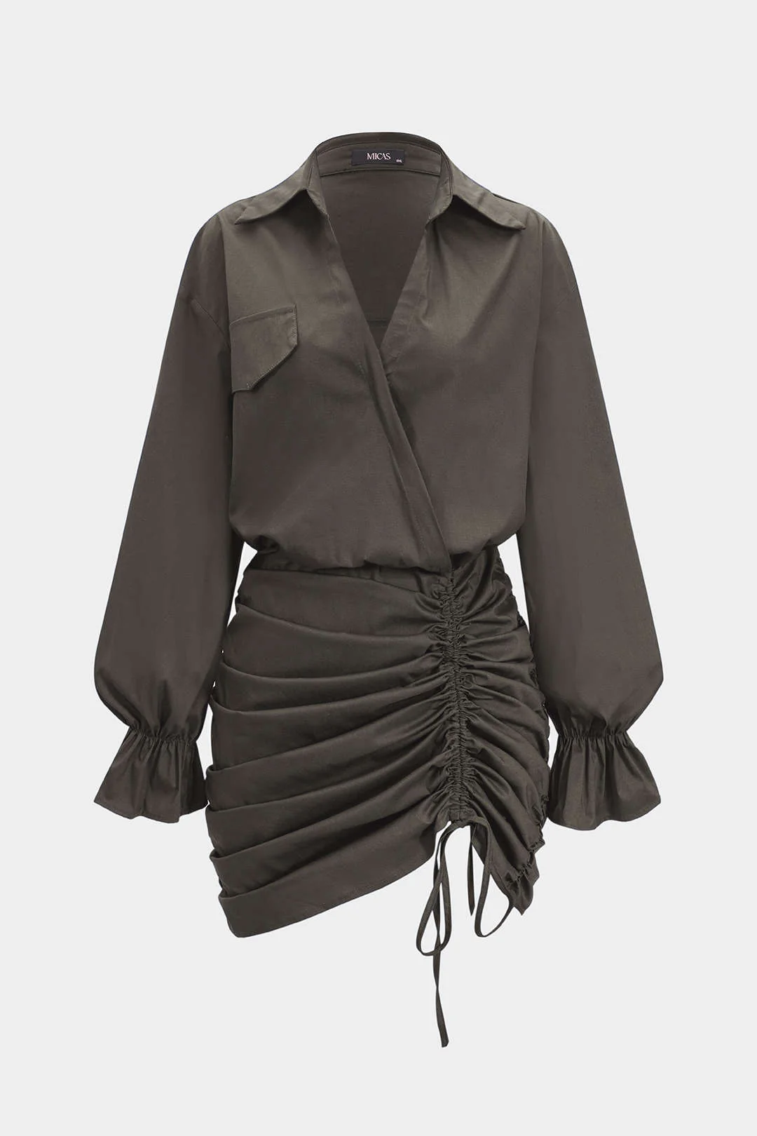 Ruched V-Neck Drawstring Ruffle Long Sleeve Mini Dress - Image 5